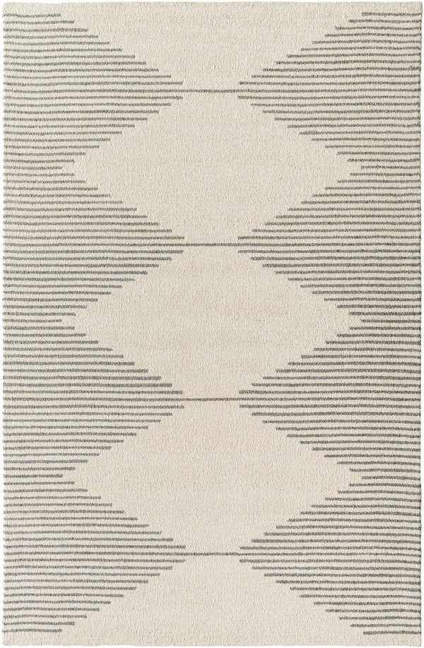 Close-up of Ermin Area Rug, a beige wool rug with a contemporary geometric pattern of bone and gray horizontal lines. Design-Rectangle-576