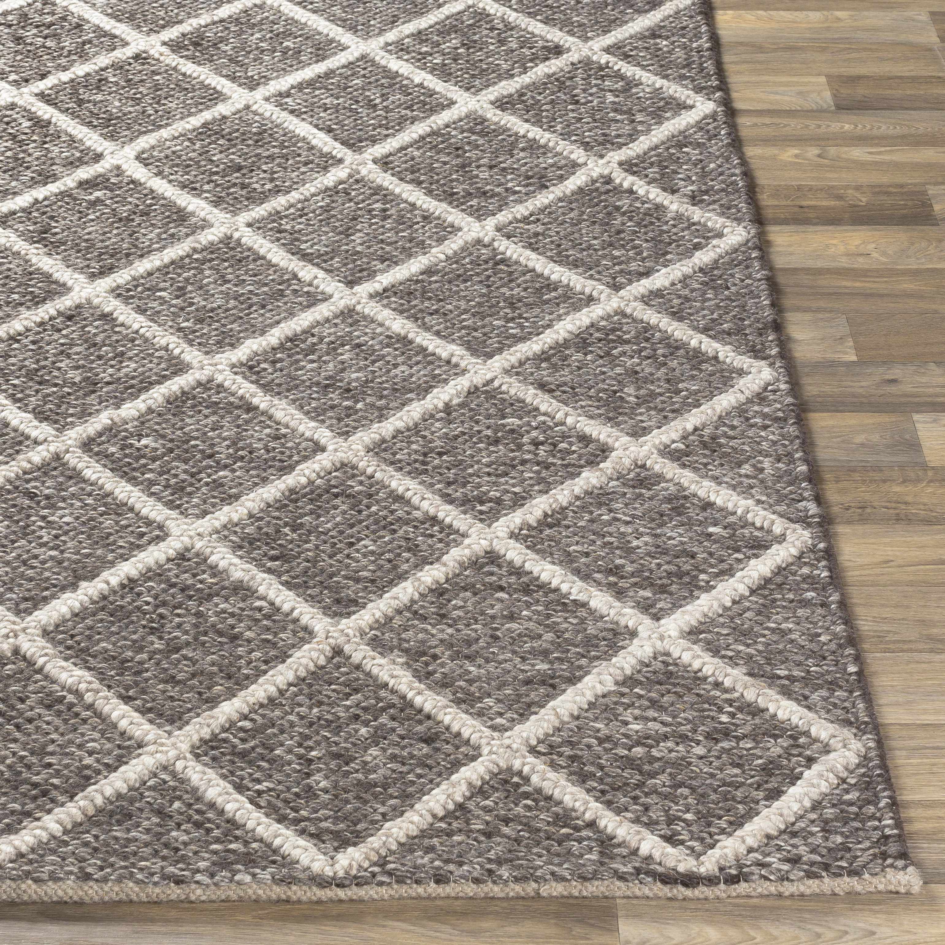 Straight-on shot of Syosset 2x3 Brown Trellis Wool&Viscose Rug - Clearance, providing a full look at the design. Contemporary Area Rug Backing  