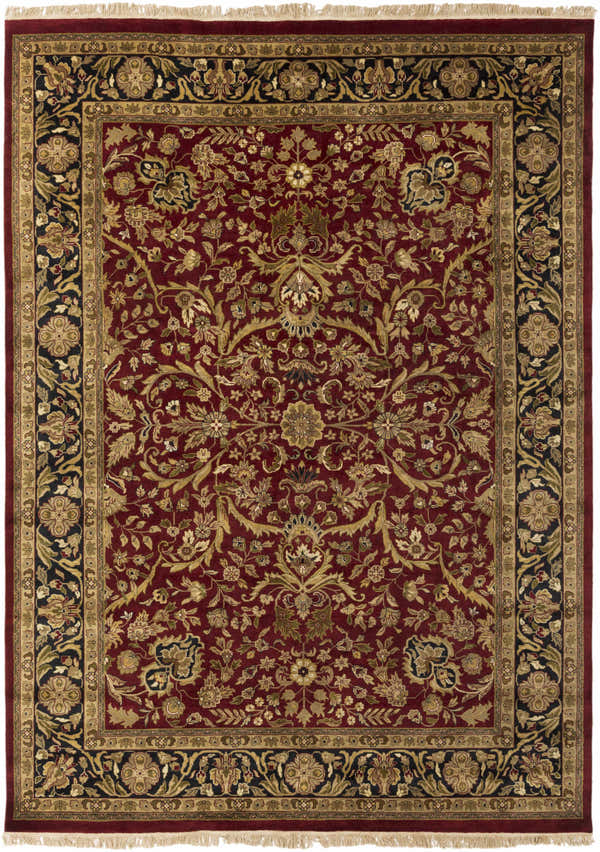 Detailed Erwinville Area Rug in burgundy, black, and brown. Traditional floral pattern, hand-knotted NZ wool texture. Design-Rectangle-86116