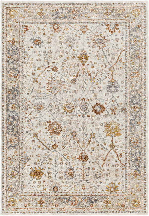 Close-up of the Paatan Luxe Floral Oushaq Area Rug. Features a traditional floral pattern in ivory, gold, brown, and gray tones. Design-Rectangle-5373