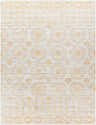 Close-up of the Estefania Washable Area Rug, showcasing its gray, light gray, and mustard floral medallion pattern. Design-Rectangle-71010