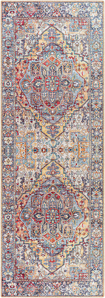 Detailed view of the Neyland Iris Area Rug 2358 with beige, red, blue, and gold tones in a traditional oriental pattern. Design-Runner-2676