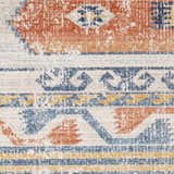 Close-up of the Etobicoke Area Rug. Features a traditional Southwestern pattern in brick red, cream, denim, and tan. Swatch