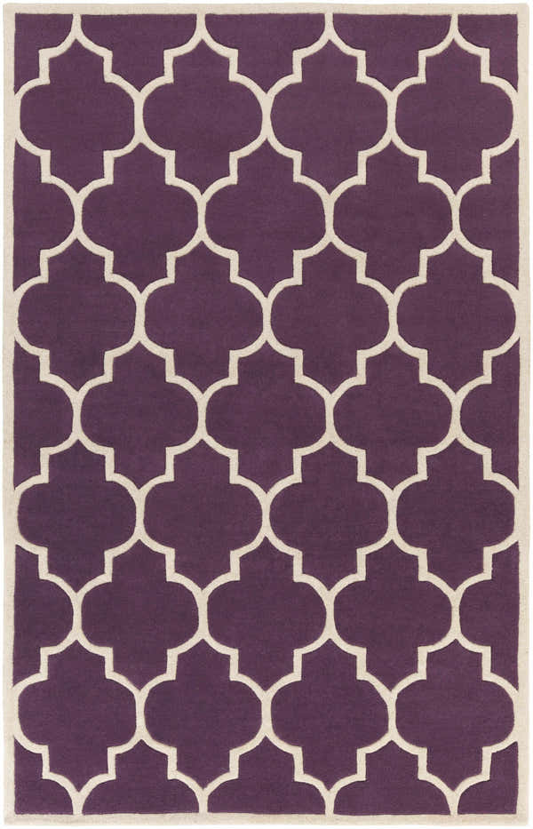 Close-up of the Etta Carpet. Plum wool rug with an ivory quatrefoil pattern. Hand-tufted texture. Design-Rectangle-58