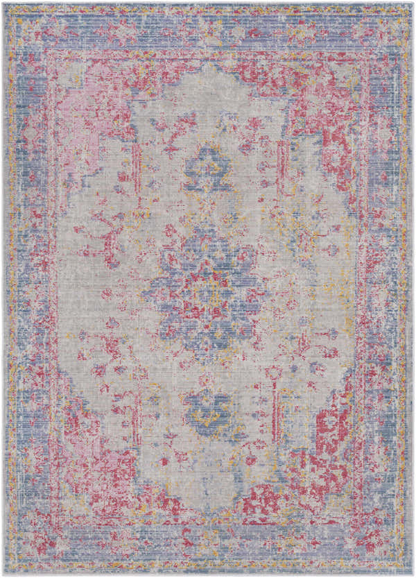 Eufaula Area Rug, a vintage-style rug with a traditional pattern in burgundy, gray, lavender, and yellow. Design-Rectangle-5373