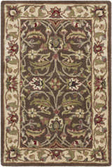 Close-up of the Eupora Wool Rug featuring a traditional floral pattern in brown, red, olive, and cream tones. Design-Rectangle-23