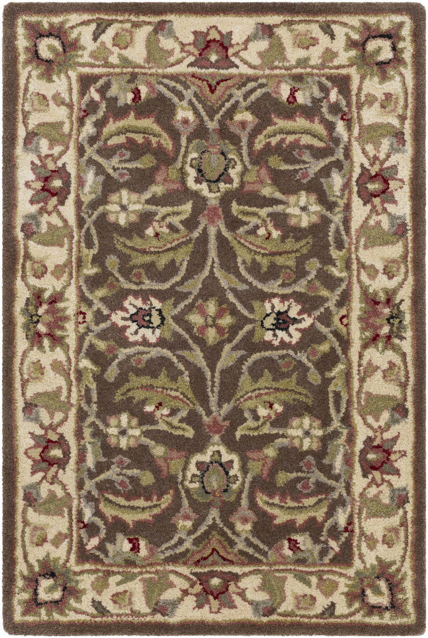 Close-up of the Eupora Wool Rug featuring a traditional floral pattern in brown, red, olive, and cream tones. Design-Rectangle-23