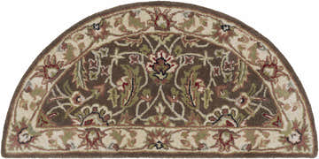 Close-up of a hearth-shaped Eupora Wool Rug. Brown rug with floral pattern in red, green, and cream. Hand-tufted wool texture. Design-Hearth