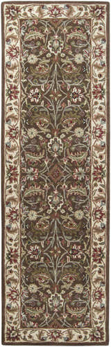 Detailed floral pattern on a brown Eupora Wool Rug runner with cream border. Design-Runner-268