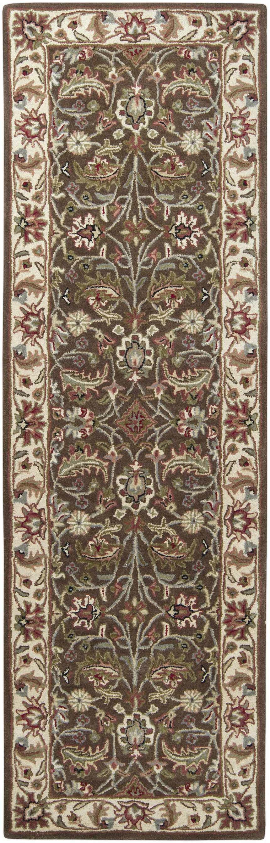 Detailed floral pattern on a brown Eupora Wool Rug runner with cream border. Design-Runner-268