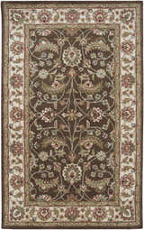 Detailed floral pattern on a brown Eupora Wool Rug with red, olive, and cream accents. Hand-tufted texture. Design-Rectangle-58