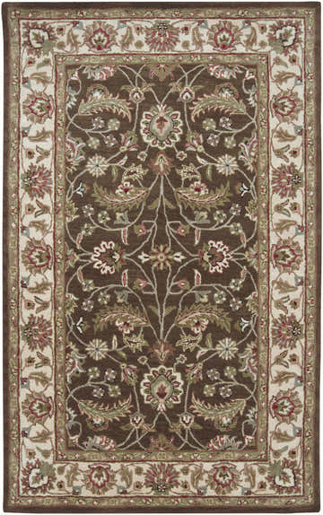 Detailed floral pattern on a brown Eupora Wool Rug with red, olive, and cream accents. Hand-tufted texture. Design-Rectangle-58