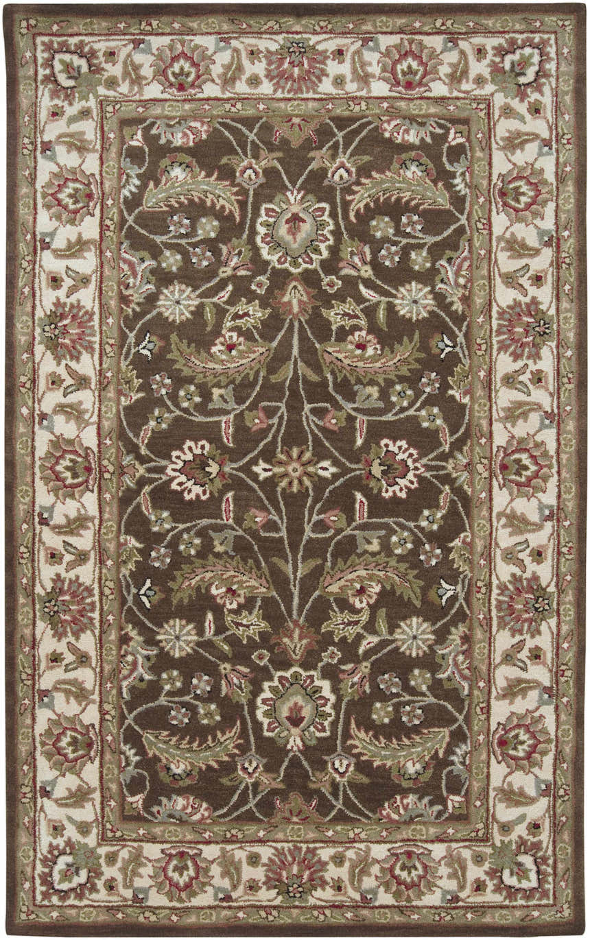 Detailed floral pattern on a brown Eupora Wool Rug with red, olive, and cream accents. Hand-tufted texture. Design-Rectangle-58