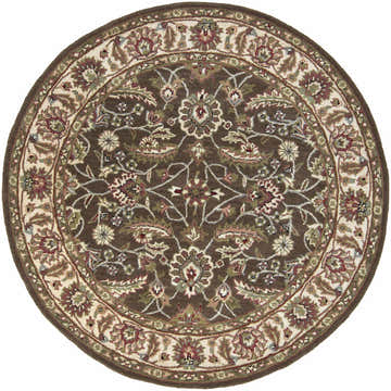 Detailed round Eupora Wool Rug in dark brown with traditional floral and leaf pattern. Design-Round-6