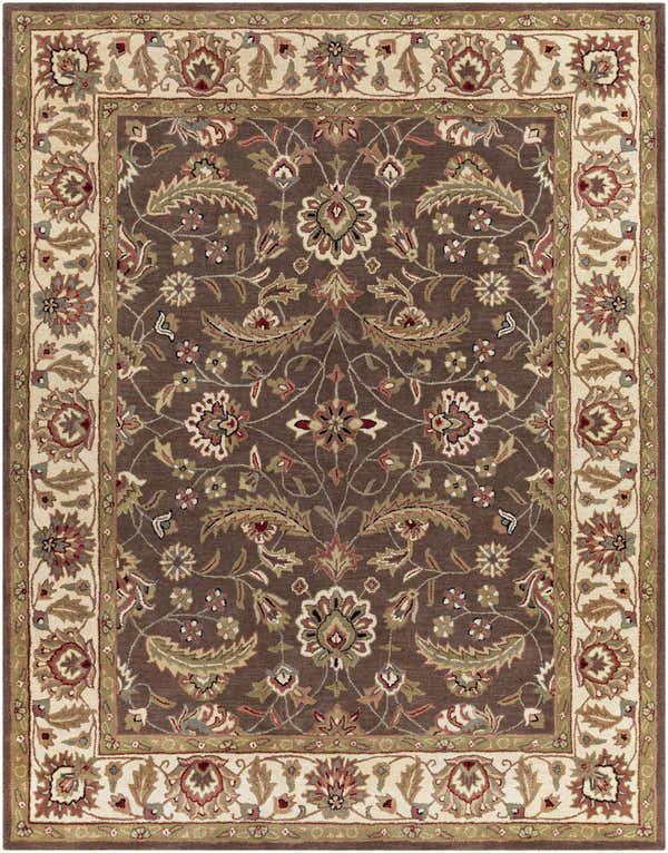 Detailed floral pattern on a brown Eupora Wool Rug. Traditional style with red, green, and beige accents. Design-Rectangle-7696
