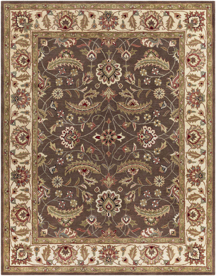 Detailed floral pattern on a brown Eupora Wool Rug. Traditional style with red, green, and beige accents. Design-Rectangle-7696