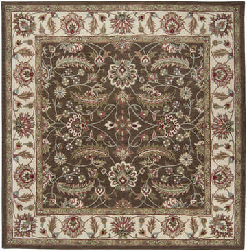 Detailed floral pattern on a square Eupora Wool Rug. Colors are brown, red, sage, and cream. Traditional style. Design-Square-8