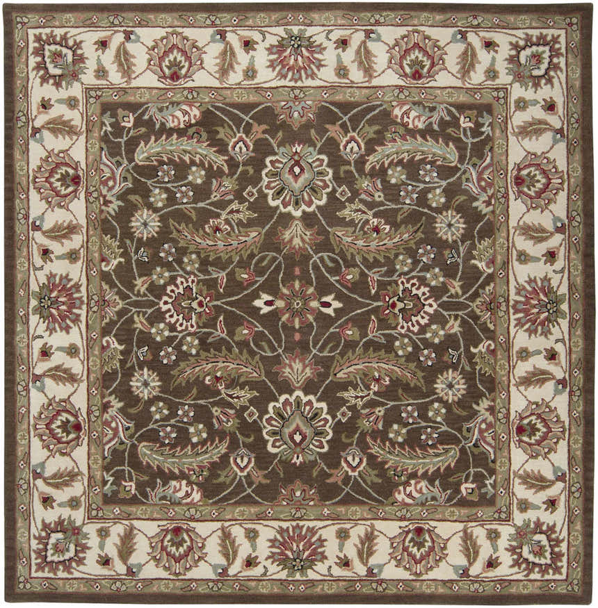 Detailed floral pattern on a square Eupora Wool Rug. Colors are brown, red, sage, and cream. Traditional style. Design-Square-8