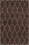 Close-up of Evant Area Carpet. Dark brown wool rug with a light brown quatrefoil trellis pattern. Hand knotted texture. Design-Rectangle-58