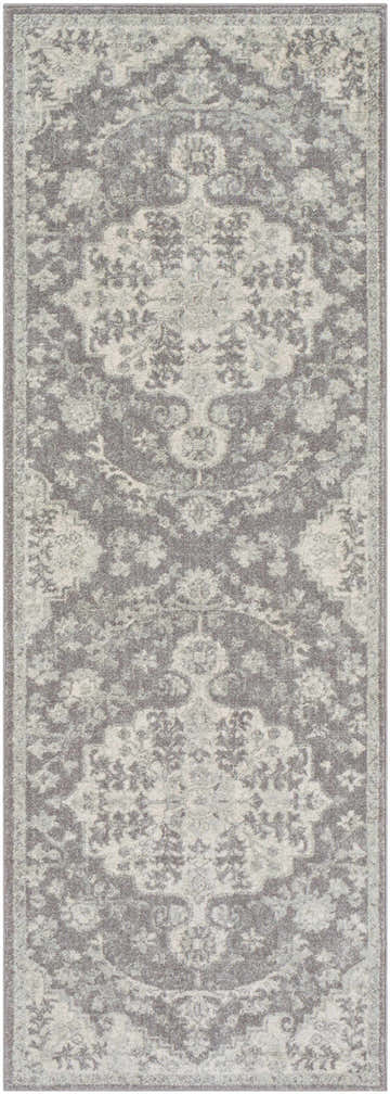 Close-up of the Everglades Area Rug showcasing its traditional gray, light beige, and charcoal floral pattern. Design-Runner-2773