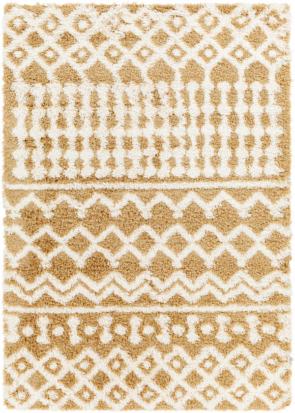 Close-up of Evely Shag Area Rug. Farmhouse style rug with geometric pattern in dark brown, faded driftwood, and light peach. Design-Rectangle-5373