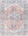 Close-up of the Evony Washable Area Rug in bone, dark gray, and silver blue. Traditional vintage style with a distressed pattern. Design-Rectangle-5373