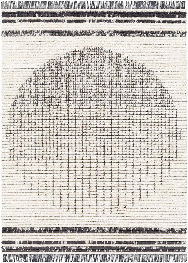 Close-up of the Evsa Area Rug. Cream rug with black geometric half-circle design and fringe. Design-Rectangle-537