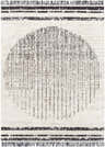 Close-up of the Evsa Area Rug. Cream rug with black geometric half-circle design and fringe. Design-Rectangle-537