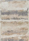 Close-up of the Ezell Abstract Thick Rug. Beige, gray, and brown horizontal stripes create a contemporary pattern. Design-Rectangle-5373
