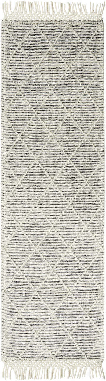 Close-up of the Ezria Wool Rug with Tassels, featuring a bone geometric pattern on a dark gray and neutral hand woven texture. Design-Runner-2376
