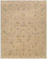 Close-up of the hand-knotted Fabre Area Rug. Beige, ivory, mauve, and gray floral pattern on wool with fringe. Design-Rectangle-810