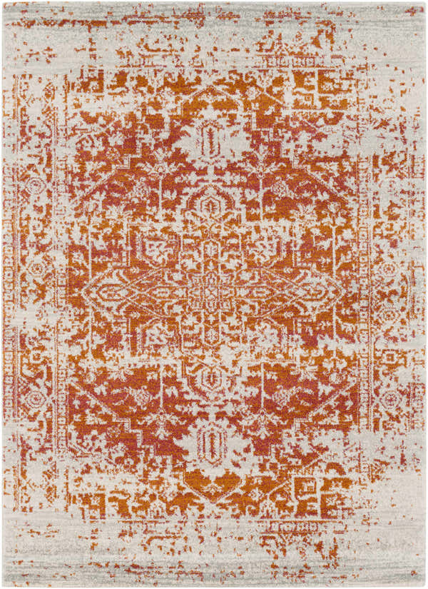 Close-up of Fairmount Orange Area Rug featuring a traditional, distressed design in burnt orange, burgundy, and beige tones. Design-Rectangle-5373