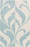 Close-up of the Fairgrove Area Carpet. Aqua and ivory wool rug with a symmetrical, stylized floral pattern. Hand-knotted texture. Design-Rectangle-576