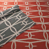 Close-up of the Lipan Area Rug in charcoal and peach, showcasing its hand-woven, geometric design. Styleshot