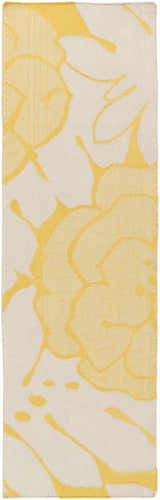 Close-up of the hand woven Falmouth Area Rug. Light gray wool rug with a contemporary mustard floral design. Design-Runner-268