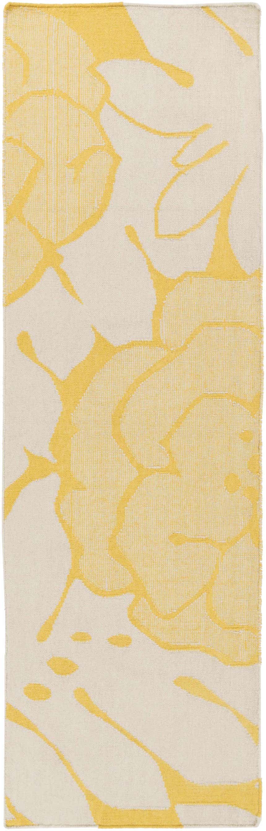 Close-up of the hand woven Falmouth Area Rug. Light gray wool rug with a contemporary mustard floral design. Design-Runner-268
