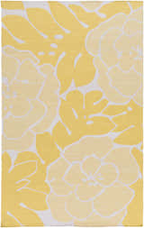 Close-up of the Falmouth Area Rug, a hand-woven wool rug with a light gray and mustard floral pattern. Design-Rectangle-58