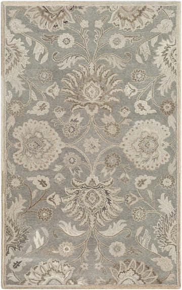 Close-up of the Conesus 1195 rug. Hand-tufted wool rug in ivory and taupe with a traditional floral pattern. Design-Rectangle-58
