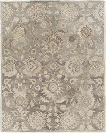 Close-up of the Conesus 1195 rug. Hand-tufted wool rug with a traditional floral pattern in ivory and taupe. Design-Rectangle-7696