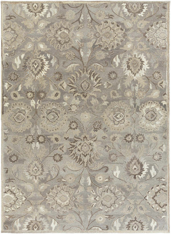 Close-up of the Conesus 1195 rug. Hand-tufted wool rug with a traditional floral pattern in ivory, taupe, and brown tones. Design-Rectangle-811
