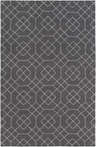 Close-up of the Fareham Area Rug. Hand-woven 100% wool rug in charcoal with an ice blue geometric diamond pattern. Design-Rectangle-576
