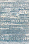 Close-up of Fatsa Washable Area Rug. Blue and gray rug with a distressed, contemporary geometric pattern. Design-Rectangle-537