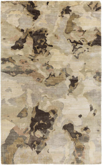 Close-up of the Faubush Area Rug showing its contemporary abstract design in dark brown, gray, olive, and peach tones. Design-Rectangle-58