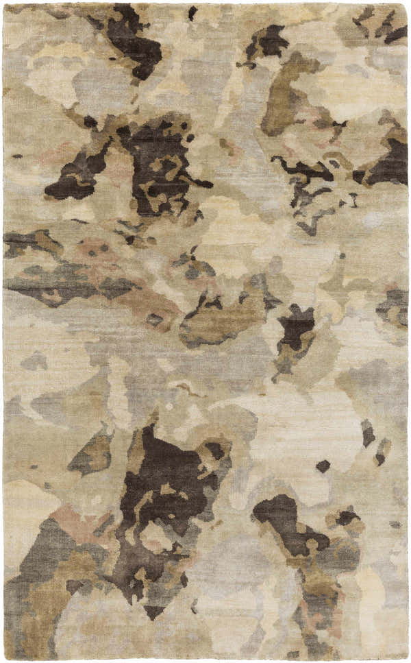 Close-up of the Faubush Area Rug showing its contemporary abstract design in dark brown, gray, olive, and peach tones. Design-Rectangle-58