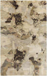 Close-up of the Faubush Area Rug showing its contemporary abstract design in dark brown, gray, olive, and peach tones. Design-Rectangle-58