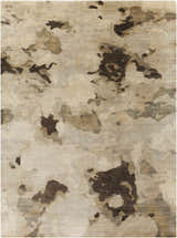 Close-up of the Faubush Area Rug. Hand-knotted wool rug with a contemporary abstract pattern in dark brown, light brown, and gray. Design-Rectangle-811