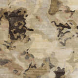 Close-up of the hand-knotted Faubush Area Rug. Contemporary design with dark brown, light brown, gray, olive, and peach tones. Swatch