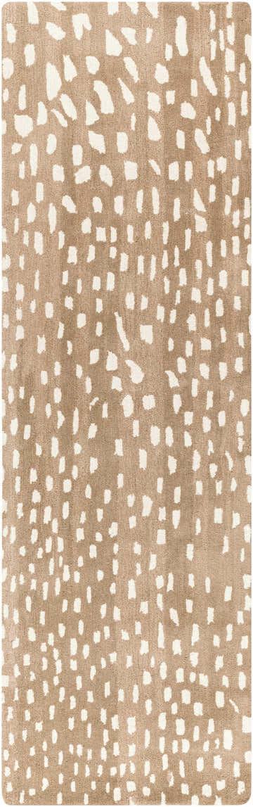 Close-up of the Athena Brown Giraffe Print Wool Rug, featuring a cream giraffe print on a light brown, hand-tufted wool. Design-Runner-268