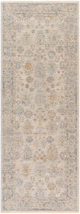Close-up of the Coby Sage Avant Garde rug. Traditional floral pattern in brown, teal, gray, and beige. Luxe texture. Design-Runner-2710