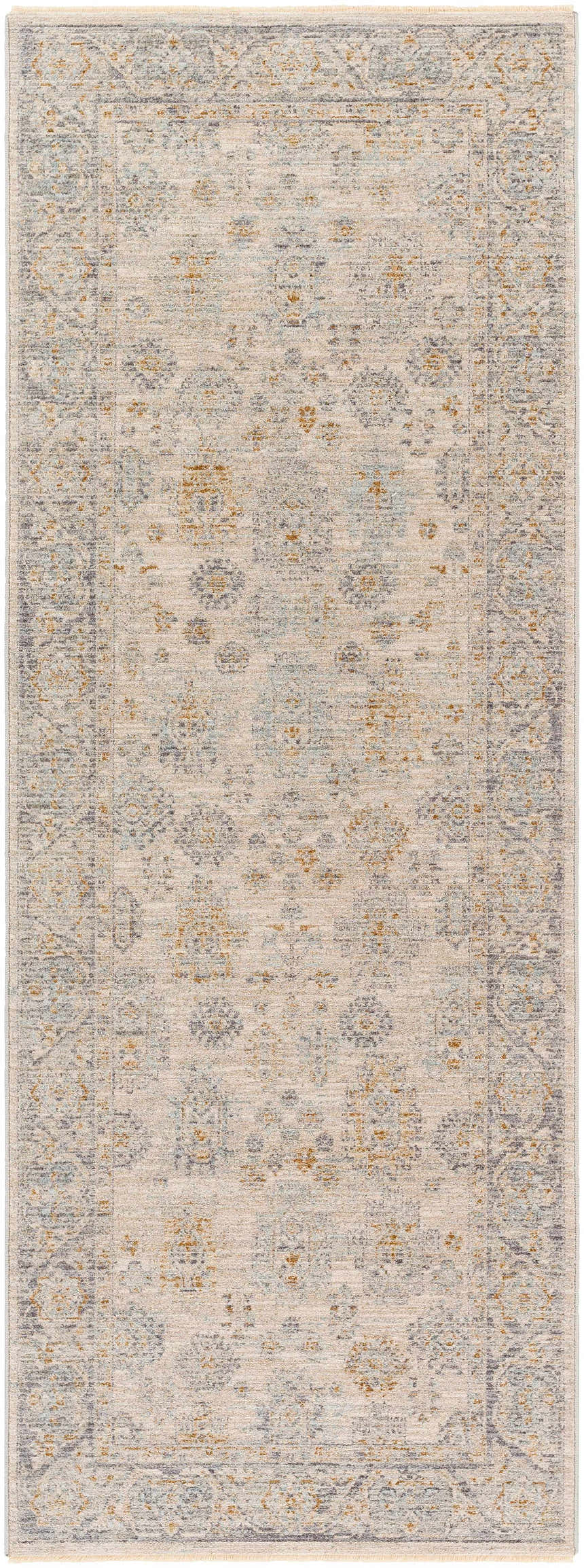 Close-up of the Coby Sage Avant Garde rug. Traditional floral pattern in brown, teal, gray, and beige. Luxe texture. Design-Runner-2710